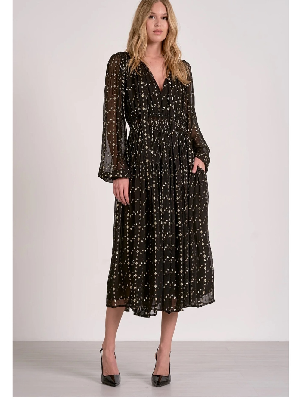 Elan Longsleeve Maxi Dress with Tie Neck